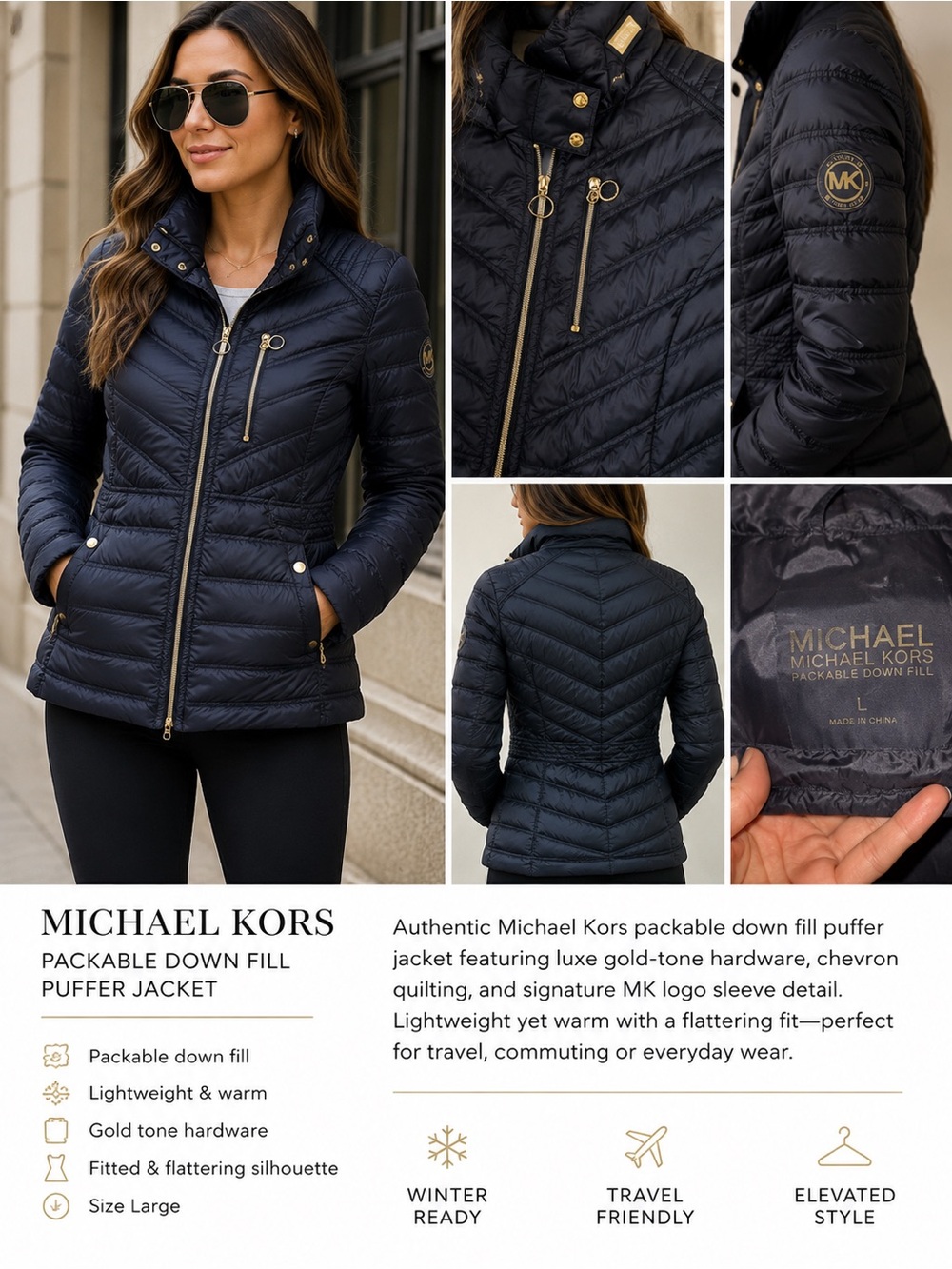 Michael Kors Packable Down Fill Quilted Puffer Jacket‎ Gold Hardware Coat Size L